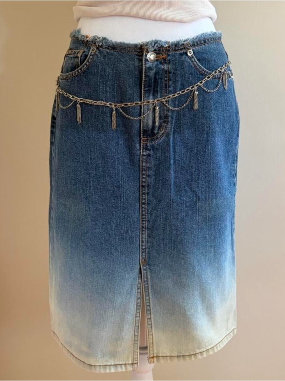 Vintage Y2K low rise denim skirt blue ombre faded distressed raw trashy 90s S